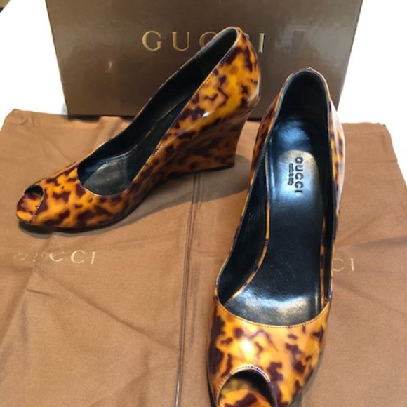 Gucci Vernice Tartaruga Naturale Brown Coffee 190899 DORO0 2059 size 8 Wedge - Picture 5 of 6